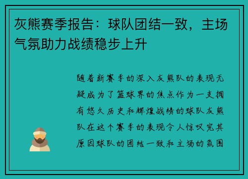 灰熊赛季报告：球队团结一致，主场气氛助力战绩稳步上升