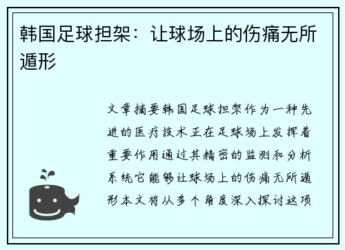 韩国足球担架：让球场上的伤痛无所遁形